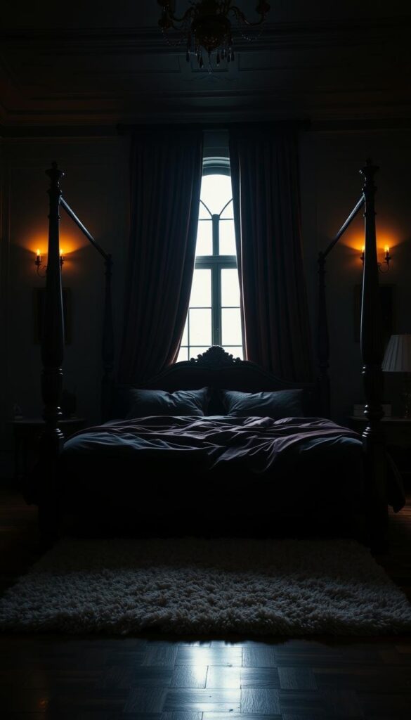 A moody, dimly lit bedroom with a cozy, luxurious atmosphere. The scene depicts a large, ornate four-poster bed draped in rich, velvet bedding in a deep, jewel-toned color. Soft, warm lighting emanates from a pair of antique brass sconces mounted on the walls, casting a gentle glow throughout the space. In the background, a tall, arched window is partially obscured by thick, velvet curtains in a matching hue, creating a sense of seclusion and intimacy. The hardwood floor is covered by a plush, shaggy rug in a complementary neutral tone. The overall impression is one of relaxation, indulgence, and an escape from the outside world. A moody, dimly lit bedroom with a cozy, luxurious atmosphere. The scene depicts a large, ornate four-poster bed draped in rich, velvet bedding in a deep, jewel-toned color. Soft, warm lighting emanates from a pair of antique brass sconces mounted on the walls, casting a gentle glow throughout the space. In the background, a tall, arched window is partially obscured by thick, velvet curtains in a matching hue, creating a sense of seclusion and intimacy. The hardwood floor is covered by a plush, shaggy rug in a complementary neutral tone. The overall impression is one of relaxation, indulgence, and an escape from the outside world.