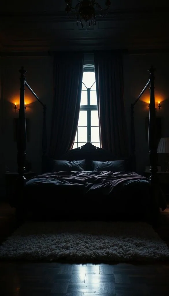 A moody, dimly lit bedroom with a cozy, luxurious atmosphere. The scene depicts a large, ornate four-poster bed draped in rich, velvet bedding in a deep, jewel-toned color. Soft, warm lighting emanates from a pair of antique brass sconces mounted on the walls, casting a gentle glow throughout the space. In the background, a tall, arched window is partially obscured by thick, velvet curtains in a matching hue, creating a sense of seclusion and intimacy. The hardwood floor is covered by a plush, shaggy rug in a complementary neutral tone. The overall impression is one of relaxation, indulgence, and an escape from the outside world.