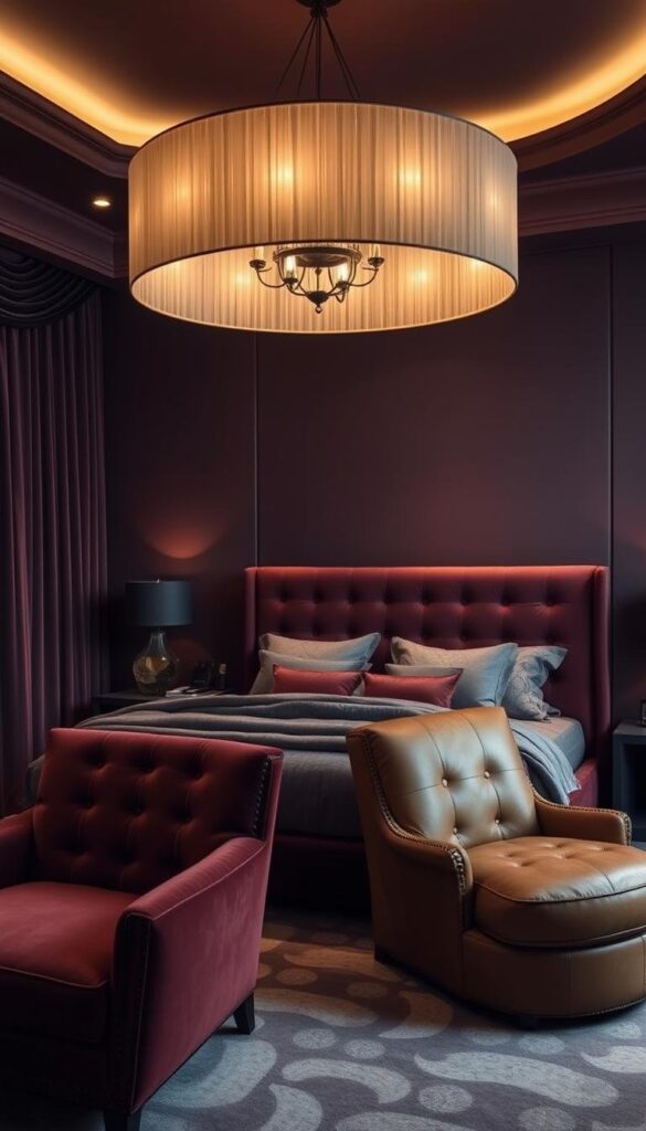 A moody, luxurious bedroom with a rich, sophisticated color scheme. Soft, warm lighting casts a gentle glow, creating an atmosphere of relaxation and tranquility. The walls are painted in deep, earthy tones, like a velvety burgundy or a moody charcoal gray, complemented by plush, velvet draperies in a complementary hue. The large, tufted headboard stands as the focal point, its deep, jewel-toned fabric adding depth and texture to the space. Layers of cozy, inviting bedding in complementary shades of gray and burgundy invite you to sink in and unwind. A plush, oversized chair in a rich, cognac leather adds a touch of elegance, while a stylish, modern chandelier overhead casts a warm, ambient glow throughout the room. A moody, luxurious bedroom with a rich, sophisticated color scheme. Soft, warm lighting casts a gentle glow, creating an atmosphere of relaxation and tranquility. The walls are painted in deep, earthy tones, like a velvety burgundy or a moody charcoal gray, complemented by plush, velvet draperies in a complementary hue. The large, tufted headboard stands as the focal point, its deep, jewel-toned fabric adding depth and texture to the space. Layers of cozy, inviting bedding in complementary shades of gray and burgundy invite you to sink in and unwind. A plush, oversized chair in a rich, cognac leather adds a touch of elegance, while a stylish, modern chandelier overhead casts a warm, ambient glow throughout the room.