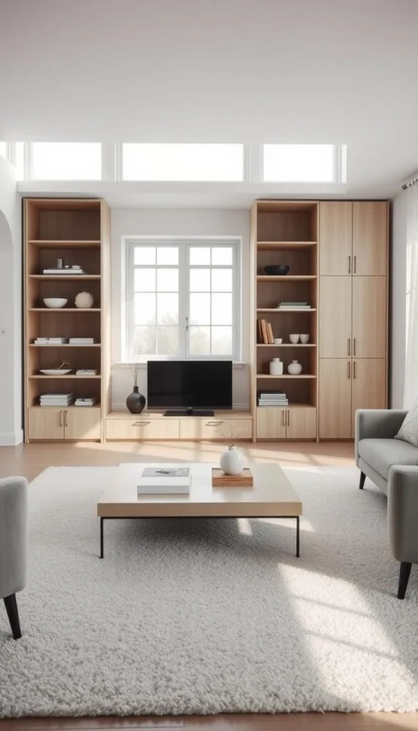 A neatly organized Scandinavian living room, bathed in soft, natural light filtering through large windows. In the foreground, minimalist shelving units and storage cabinets in light wood tones, arranged with precise symmetry. Midground features a low, streamlined coffee table, topped with a few carefully curated decor pieces. The background showcases neutral-toned walls, complemented by a plush, light-colored area rug and understated furniture silhouettes. An atmosphere of calm, functional elegance pervades the scene, evoking a sense of Nordic design principles. A neatly organized Scandinavian living room, bathed in soft, natural light filtering through large windows. In the foreground, minimalist shelving units and storage cabinets in light wood tones, arranged with precise symmetry. Midground features a low, streamlined coffee table, topped with a few carefully curated decor pieces. The background showcases neutral-toned walls, complemented by a plush, light-colored area rug and understated furniture silhouettes. An atmosphere of calm, functional elegance pervades the scene, evoking a sense of Nordic design principles.