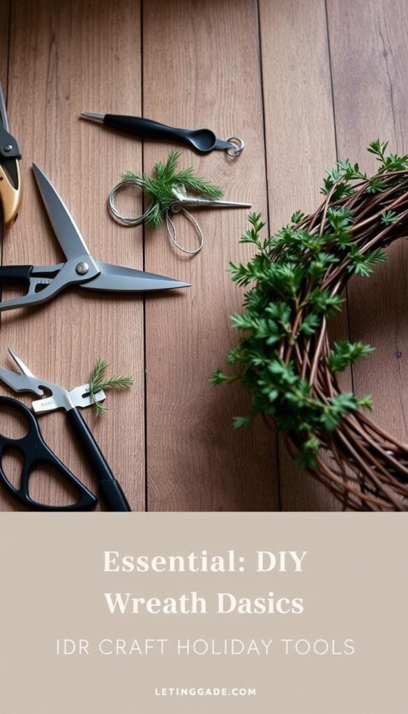 A neatly organized array of essential DIY wreath-making tools, including sharp pruning shears, wire cutters, a floral pick, a handful of sprigs and greenery, and a grapevine wreath base resting on a rustic wooden table. The lighting is soft and diffused, creating a warm, cozy atmosphere. The composition is balanced and inviting, showcasing the tools in a way that inspires creativity and the desire to start crafting. The image conveys a sense of simplicity, functionality, and the joy of homemade holiday decor. A neatly organized array of essential DIY wreath-making tools, including sharp pruning shears, wire cutters, a floral pick, a handful of sprigs and greenery, and a grapevine wreath base resting on a rustic wooden table. The lighting is soft and diffused, creating a warm, cozy atmosphere. The composition is balanced and inviting, showcasing the tools in a way that inspires creativity and the desire to start crafting. The image conveys a sense of simplicity, functionality, and the joy of homemade holiday decor.