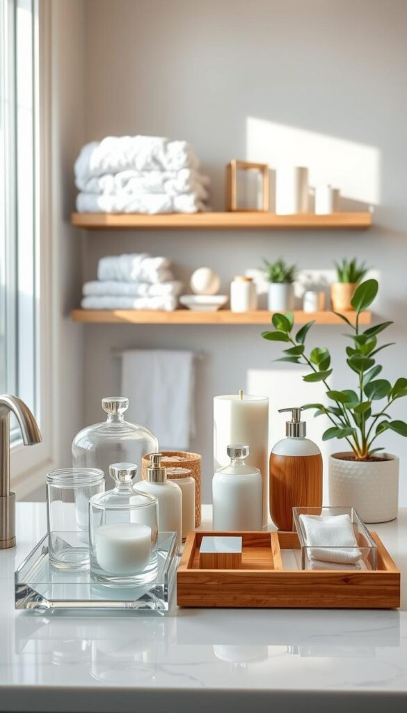 A neatly organized bathroom counter with a variety of modern, minimalist storage solutions - elegant glass jars, sleek acrylic trays, and bamboo organizers, all illuminated by soft, natural lighting streaming through a large window. In the background, floating shelves display a curated collection of stylish bath essentials like plush towels, scented candles, and potted plants, creating a serene, spa-like atmosphere. The composition is balanced, with a focus on functional yet visually appealing organization products that elevate the overall aesthetic of the space. A neatly organized bathroom counter with a variety of modern, minimalist storage solutions - elegant glass jars, sleek acrylic trays, and bamboo organizers, all illuminated by soft, natural lighting streaming through a large window. In the background, floating shelves display a curated collection of stylish bath essentials like plush towels, scented candles, and potted plants, creating a serene, spa-like atmosphere. The composition is balanced, with a focus on functional yet visually appealing organization products that elevate the overall aesthetic of the space.
