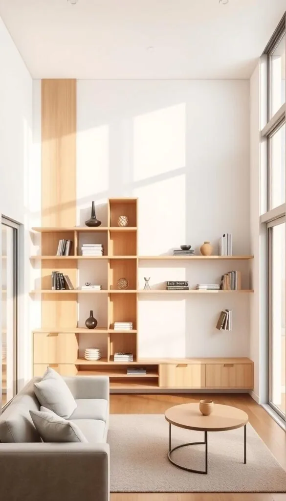 A neatly organized small living room with sleek, minimalist vertical storage solutions. The focal point is a tall, slender shelving unit made of light wood, strategically placed against a bright, airy wall. Elegant floating shelves line the walls, providing ample space for decor, books, and other essentials. Soft, diffused natural lighting from large windows creates a warm, inviting atmosphere. The room is sparsely furnished, with a plush, low-profile sofa and a small, round coffee table, allowing the vertical storage to take center stage and make the most of the limited floor space. The overall aesthetic is clean, modern, and space-efficient, perfectly capturing the essence of "Vertical and Height-Maximizing Configurations" for a small living room.
