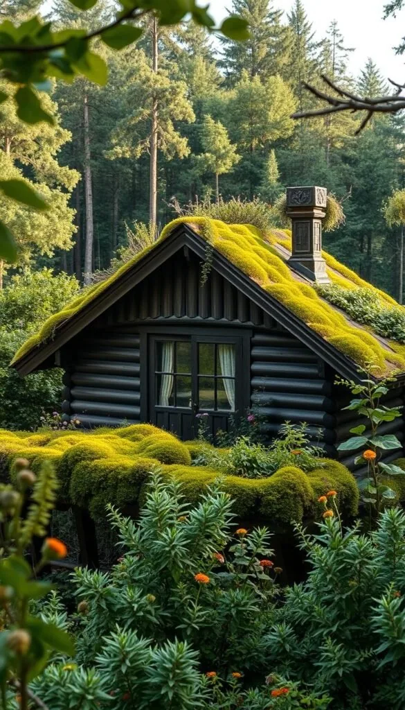A peaceful Scandinavian cabin nestled amidst a lush, verdant ecosystem, its roof a seamless extension of the surrounding landscape. Emerald mosses, vibrant wildflowers, and thriving shrubs intertwine, creating a living, breathing oasis atop the wooden structure. Soft natural light filters through the foliage, casting gentle shadows and highlighting the harmonious integration of the cabin with its environment. A wide-angle lens captures the scene, framing the cabin within a panoramic view of the tranquil, forested setting. The overall impression is one of harmony, sustainability, and a profound connection between the human-made and the natural world.