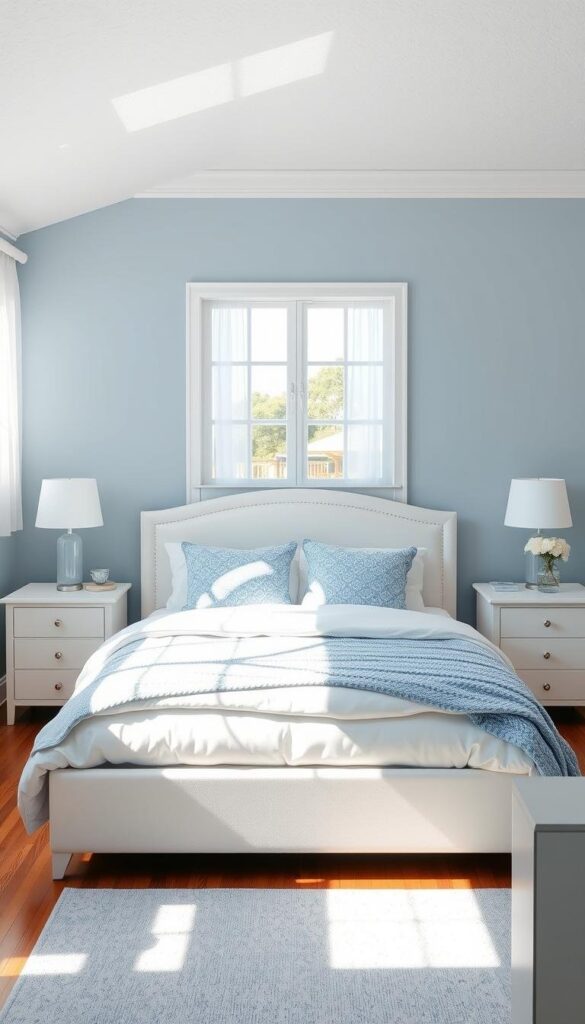 A peaceful, light-filled bedroom showcasing a captivating blue and white color scheme. The room features a plush, cloud-like king-sized bed with crisp white linens and soft blue accents in the form of patterned throw pillows and a cozy knitted blanket. Sunlight streams in through large, airy windows with sheer white curtains, casting a warm, natural glow throughout the space. Elegant white nightstands flank the bed, topped with minimalist lamps that emit a gentle, ambient light. The walls are painted in a soft, muted blue hue, complemented by a textured white ceiling and hardwood floors. Finishing touches include a delicate blue and white area rug, and a vase of fresh white flowers on a dresser in the corner, creating a serene and calming atmosphere. A peaceful, light-filled bedroom showcasing a captivating blue and white color scheme. The room features a plush, cloud-like king-sized bed with crisp white linens and soft blue accents in the form of patterned throw pillows and a cozy knitted blanket. Sunlight streams in through large, airy windows with sheer white curtains, casting a warm, natural glow throughout the space. Elegant white nightstands flank the bed, topped with minimalist lamps that emit a gentle, ambient light. The walls are painted in a soft, muted blue hue, complemented by a textured white ceiling and hardwood floors. Finishing touches include a delicate blue and white area rug, and a vase of fresh white flowers on a dresser in the corner, creating a serene and calming atmosphere.