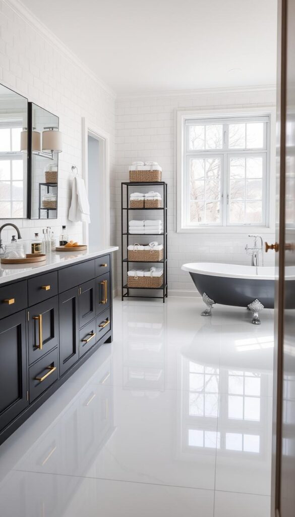 A pristine bathroom interior with sleek, minimalist organization. Gleaming white subway tiles line the walls, reflecting the soft, natural light streaming in from large windows. An elegant vanity with ample storage space dominates the foreground, its matte black cabinets and polished brass hardware creating a sophisticated contrast. Atop the vanity, neatly arranged glass jars and trays hold essential toiletries. In the middle ground, a freestanding shelving unit displays neatly folded towels and coordinated baskets. The background reveals a clawfoot tub, its chrome fixtures gleaming. The overall scene conveys a sense of order, tranquility, and effortless style. A pristine bathroom interior with sleek, minimalist organization. Gleaming white subway tiles line the walls, reflecting the soft, natural light streaming in from large windows. An elegant vanity with ample storage space dominates the foreground, its matte black cabinets and polished brass hardware creating a sophisticated contrast. Atop the vanity, neatly arranged glass jars and trays hold essential toiletries. In the middle ground, a freestanding shelving unit displays neatly folded towels and coordinated baskets. The background reveals a clawfoot tub, its chrome fixtures gleaming. The overall scene conveys a sense of order, tranquility, and effortless style.