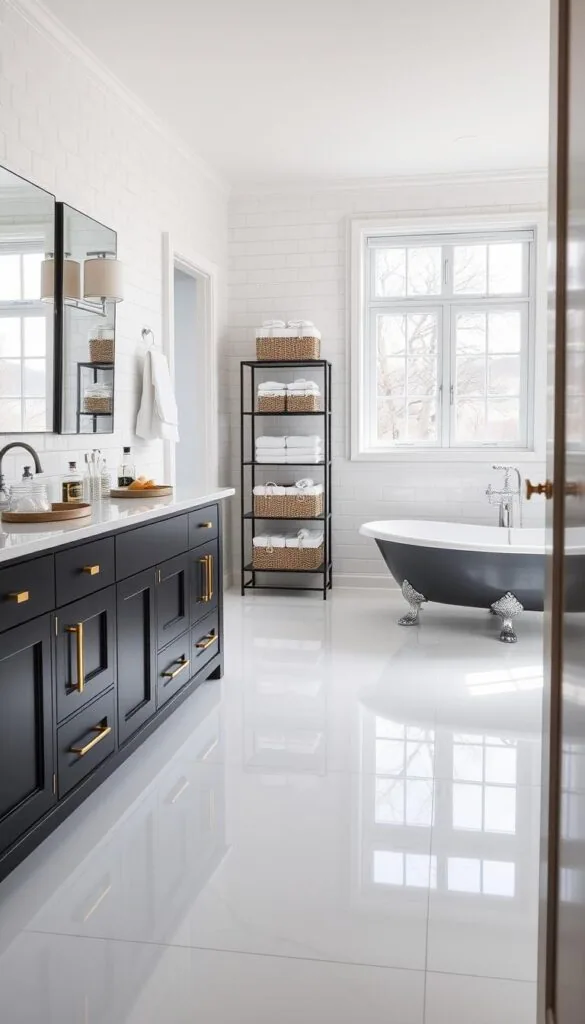 A pristine bathroom interior with sleek, minimalist organization. Gleaming white subway tiles line the walls, reflecting the soft, natural light streaming in from large windows. An elegant vanity with ample storage space dominates the foreground, its matte black cabinets and polished brass hardware creating a sophisticated contrast. Atop the vanity, neatly arranged glass jars and trays hold essential toiletries. In the middle ground, a freestanding shelving unit displays neatly folded towels and coordinated baskets. The background reveals a clawfoot tub, its chrome fixtures gleaming. The overall scene conveys a sense of order, tranquility, and effortless style.