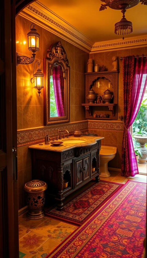 A richly decorated Indian bathroom, bathed in warm golden light from ornate brass fixtures. Intricately carved wooden vanity with a marble countertop, adorned with traditional brass accents. Colorful patterned tiles in earthy tones cover the floors and walls, complemented by a plush, jewel-toned rug. Ornate brass lanterns cast a soft glow, illuminating carved stone shelves displaying decorative brass urns and clay figurines. Sheer, colorful curtains billow gently, hinting at an open window overlooking a lush, verdant garden. The space exudes a timeless, luxurious ambiance that celebrates the beauty of Indian design. A richly decorated Indian bathroom, bathed in warm golden light from ornate brass fixtures. Intricately carved wooden vanity with a marble countertop, adorned with traditional brass accents. Colorful patterned tiles in earthy tones cover the floors and walls, complemented by a plush, jewel-toned rug. Ornate brass lanterns cast a soft glow, illuminating carved stone shelves displaying decorative brass urns and clay figurines. Sheer, colorful curtains billow gently, hinting at an open window overlooking a lush, verdant garden. The space exudes a timeless, luxurious ambiance that celebrates the beauty of Indian design.
