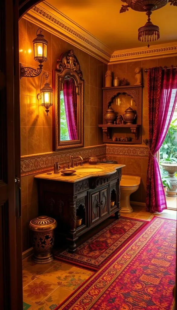 A richly decorated Indian bathroom, bathed in warm golden light from ornate brass fixtures. Intricately carved wooden vanity with a marble countertop, adorned with traditional brass accents. Colorful patterned tiles in earthy tones cover the floors and walls, complemented by a plush, jewel-toned rug. Ornate brass lanterns cast a soft glow, illuminating carved stone shelves displaying decorative brass urns and clay figurines. Sheer, colorful curtains billow gently, hinting at an open window overlooking a lush, verdant garden. The space exudes a timeless, luxurious ambiance that celebrates the beauty of Indian design.