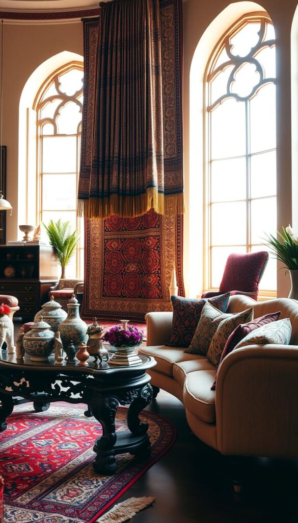 A richly decorated interior space showcasing a harmonious blend of global design elements. In the foreground, an ornate carved wooden side table supports a vibrant hand-woven area rug, intricate ceramic vases, and a collection of artisanal figurines. The middle ground features a grand, intricately patterned tapestry cascading from the ceiling, juxtaposed with a mix of plush, brightly colored throw pillows on a low-slung, curved sofa. The background reveals tall arched windows allowing warm, diffused natural light to filter in, illuminating the space and highlighting the diverse cultural influences. An atmosphere of refined elegance and cultural celebration.