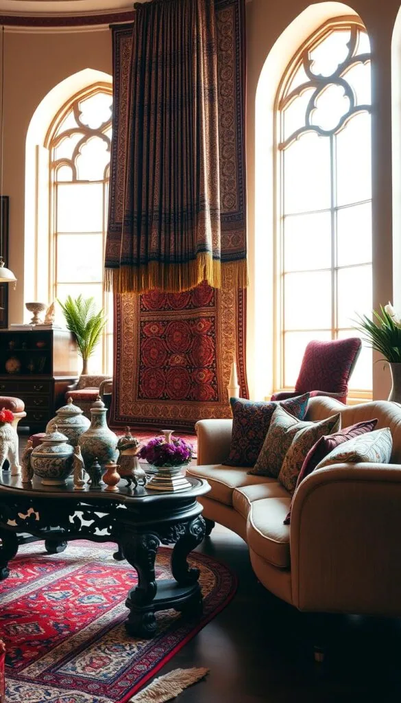 A richly decorated interior space showcasing a harmonious blend of global design elements. In the foreground, an ornate carved wooden side table supports a vibrant hand-woven area rug, intricate ceramic vases, and a collection of artisanal figurines. The middle ground features a grand, intricately patterned tapestry cascading from the ceiling, juxtaposed with a mix of plush, brightly colored throw pillows on a low-slung, curved sofa. The background reveals tall arched windows allowing warm, diffused natural light to filter in, illuminating the space and highlighting the diverse cultural influences. An atmosphere of refined elegance and cultural celebration.