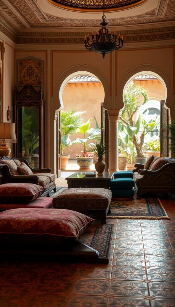 A richly decorated living room with intricate Mediterranean and Middle Eastern design elements. In the foreground, ornate floor tiles in a warm, earthy palette. Plush, jewel-toned floor cushions and textured area rugs create a cozy seating area. The middle ground features carved wooden furniture with detailed inlays, complemented by ornate brass lamps and vases. In the background, arched doorways and windows frame views of a lush, sun-drenched courtyard garden. Soft, diffused lighting casts a golden glow, evoking a sense of timeless opulence and cultural heritage. A richly decorated living room with intricate Mediterranean and Middle Eastern design elements. In the foreground, ornate floor tiles in a warm, earthy palette. Plush, jewel-toned floor cushions and textured area rugs create a cozy seating area. The middle ground features carved wooden furniture with detailed inlays, complemented by ornate brass lamps and vases. In the background, arched doorways and windows frame views of a lush, sun-drenched courtyard garden. Soft, diffused lighting casts a golden glow, evoking a sense of timeless opulence and cultural heritage.