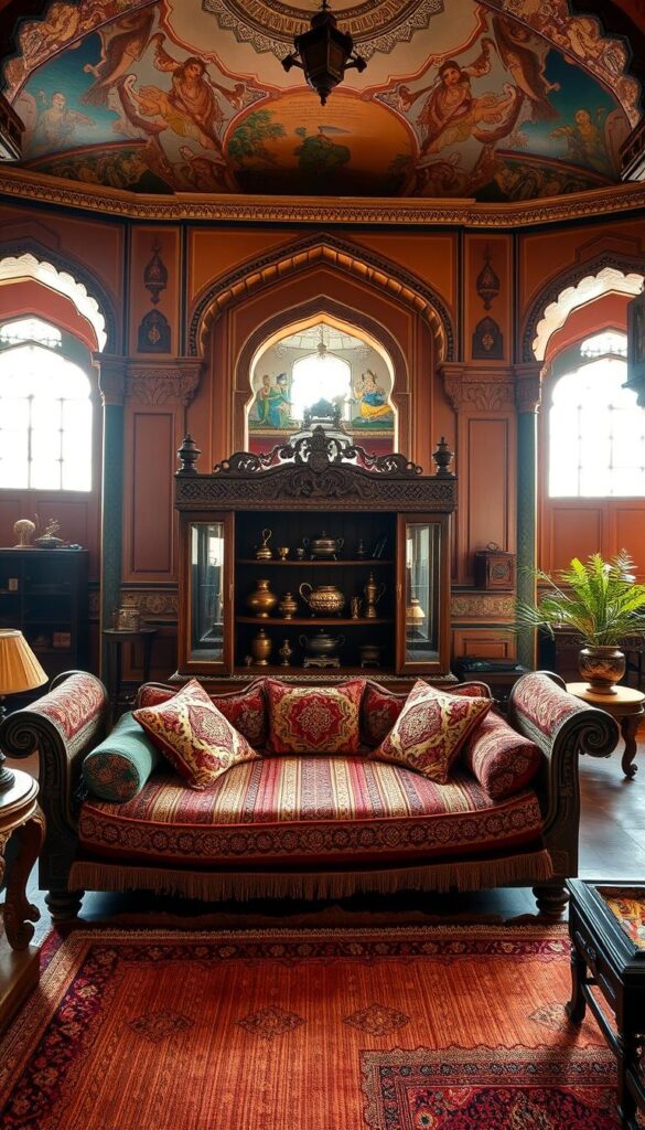 A richly-detailed Indian interior design scene, showcasing the country's vibrant heritage. In the foreground, a traditional low-slung daybed adorned with intricately-patterned textiles and ornate cushions. Behind it, a carved wooden cabinet displaying antique brass and ceramic artifacts. The middle ground features a handwoven area rug in warm, earthy tones. The background reveals high ceilings with ornamental archways, painted with intricate murals depicting mythological figures. Soft, diffused lighting filters through large windows, casting a warm, amber glow throughout the space. The overall atmosphere conveys a sense of timeless elegance and cultural legacy. A richly-detailed Indian interior design scene, showcasing the country's vibrant heritage. In the foreground, a traditional low-slung daybed adorned with intricately-patterned textiles and ornate cushions. Behind it, a carved wooden cabinet displaying antique brass and ceramic artifacts. The middle ground features a handwoven area rug in warm, earthy tones. The background reveals high ceilings with ornamental archways, painted with intricate murals depicting mythological figures. Soft, diffused lighting filters through large windows, casting a warm, amber glow throughout the space. The overall atmosphere conveys a sense of timeless elegance and cultural legacy.