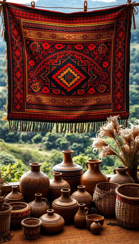 A richly textured, intricately patterned ethnic wall hanging dominates the foreground, its vibrant colors and intricate designs reflecting the cultural heritage and artistry of an ancient civilization. In the middle ground, several artisanal pottery pieces and handwoven baskets are arranged, their organic forms and earthy tones complementing the wall hanging. The background is filled with a lush, verdant landscape, hinting at the natural inspiration and materials that shape this authentic ethnic decor. The scene is bathed in warm, diffused lighting, creating a sense of timeless elegance and cultural significance. A richly textured, intricately patterned ethnic wall hanging dominates the foreground, its vibrant colors and intricate designs reflecting the cultural heritage and artistry of an ancient civilization. In the middle ground, several artisanal pottery pieces and handwoven baskets are arranged, their organic forms and earthy tones complementing the wall hanging. The background is filled with a lush, verdant landscape, hinting at the natural inspiration and materials that shape this authentic ethnic decor. The scene is bathed in warm, diffused lighting, creating a sense of timeless elegance and cultural significance.