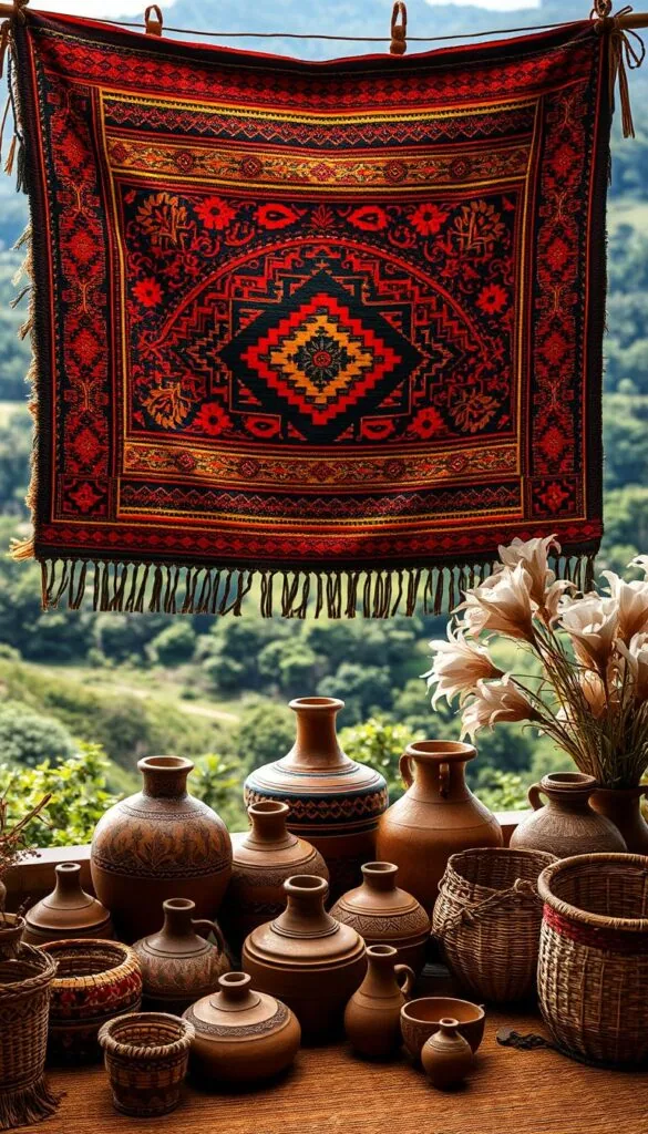 A richly textured, intricately patterned ethnic wall hanging dominates the foreground, its vibrant colors and intricate designs reflecting the cultural heritage and artistry of an ancient civilization. In the middle ground, several artisanal pottery pieces and handwoven baskets are arranged, their organic forms and earthy tones complementing the wall hanging. The background is filled with a lush, verdant landscape, hinting at the natural inspiration and materials that shape this authentic ethnic decor. The scene is bathed in warm, diffused lighting, creating a sense of timeless elegance and cultural significance. A richly textured, intricately patterned ethnic wall hanging dominates the foreground, its vibrant colors and intricate designs reflecting the cultural heritage and artistry of an ancient civilization. In the middle ground, several artisanal pottery pieces and handwoven baskets are arranged, their organic forms and earthy tones complementing the wall hanging. The background is filled with a lush, verdant landscape, hinting at the natural inspiration and materials that shape this authentic ethnic decor. The scene is bathed in warm, diffused lighting, creating a sense of timeless elegance and cultural significance.