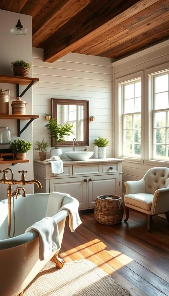 A rustic and charming farmhouse bathroom, bathed in warm, natural light streaming through large windows. The foreground features a claw-foot tub adorned with fluffy white towels and a vintage-inspired brass faucet. Wooden shelves display decorative glass jars, woven baskets, and lush potted greenery. The middle ground showcases a farmhouse-style vanity with a classic vessel sink, complemented by a large mirror in a distressed wooden frame. The background highlights shiplap walls, a reclaimed wood ceiling, and a cozy seating area with a plush, tufted armchair. The overall atmosphere evokes a sense of tranquility and timeless elegance.