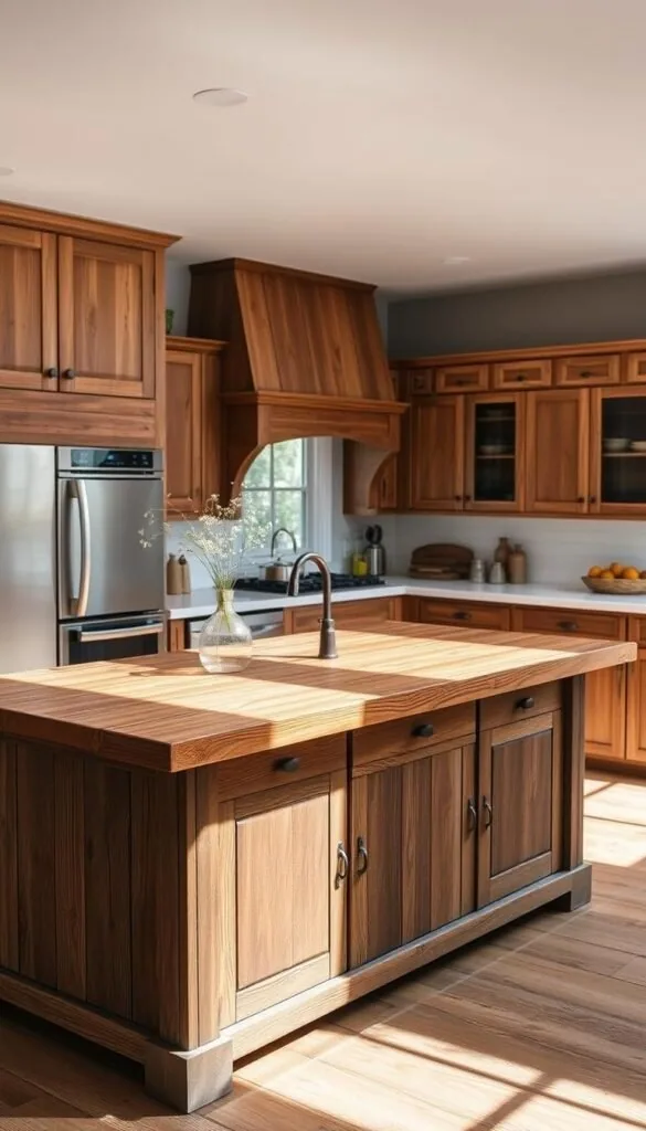 A rustic and charming kitchen island crafted from weathered reclaimed wood, its timeless grain and knots accentuated by natural lighting. Atop the island, a stunning barn wood countertop with a warm, distressed finish that complements the earthy tones of the surrounding cabinetry. The scene is bathed in soft, directional lighting that casts gentle shadows, heightening the rustic ambiance. The island is situated in a spacious, open-concept kitchen, its vintage charm blending seamlessly with modern appliances and fixtures. Delicate plant life and a few carefully curated decorative elements add the final touches to this inviting, farmhouse-inspired space. A rustic and charming kitchen island crafted from weathered reclaimed wood, its timeless grain and knots accentuated by natural lighting. Atop the island, a stunning barn wood countertop with a warm, distressed finish that complements the earthy tones of the surrounding cabinetry. The scene is bathed in soft, directional lighting that casts gentle shadows, heightening the rustic ambiance. The island is situated in a spacious, open-concept kitchen, its vintage charm blending seamlessly with modern appliances and fixtures. Delicate plant life and a few carefully curated decorative elements add the final touches to this inviting, farmhouse-inspired space.