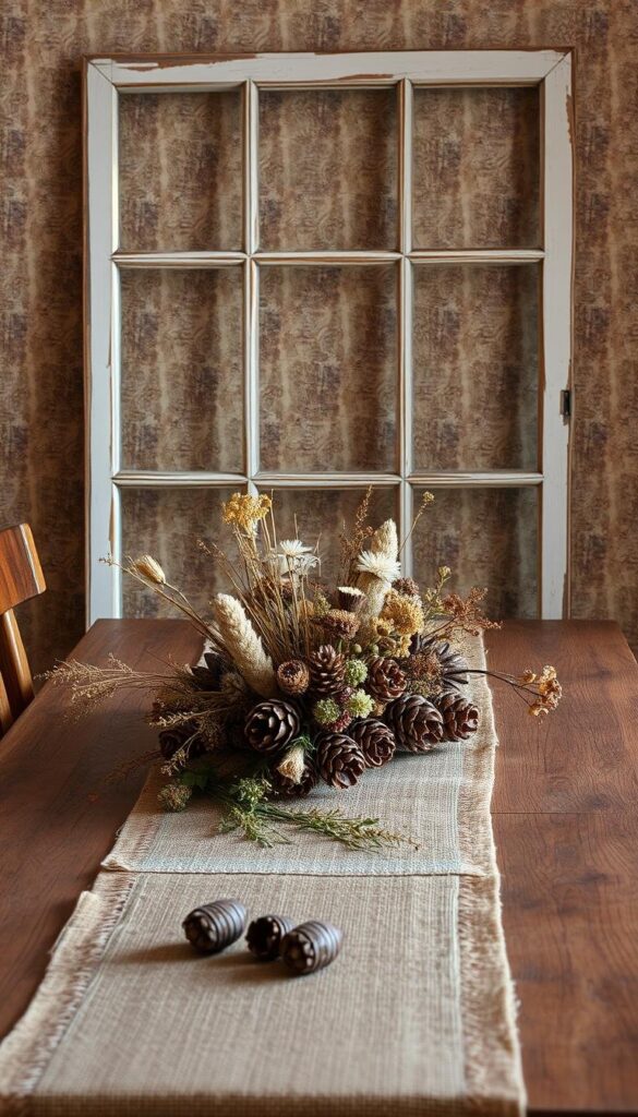 A rustic autumn vignette featuring a wooden table draped with a burlap runner, adorned with a centerpiece of natural elements. In the foreground, a collection of pine cones, dried flowers, and fragrant herbs are arranged artfully. Behind, a large, weathered window frame leans against the wall, casting warm, soft lighting across the scene. In the background, a textured, earth-toned wallpaper sets the stage, hinting at the vibrant, sustainable materials used throughout. The overall mood is cozy, inviting, and mindful of the beauty found in nature during the autumn season.