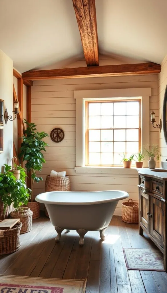 A rustic, cozy bathroom with warm, natural lighting streaming through a large window. Exposed wooden beams and shiplap walls create a charming, farmhouse feel. An antique claw-foot tub sits on a distressed wood floor, flanked by a pair of vintage sconces. Lush potted plants and woven baskets add organic textures, while a weathered vanity with a stone countertop provides ample storage. Hints of brass hardware and a vintage-inspired mirror complete the inviting, lived-in aesthetic. The overall mood is one of relaxed, countryside elegance.