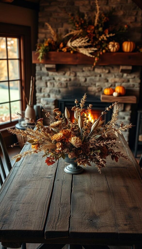 A rustic fall home interior with a weathered wooden table, adorned with a centerpiece of dried flowers, leaves, and natural elements. The table is set against a backdrop of a cozy fireplace, its mantel decorated with more dried botanicals and a few small pumpkins. Soft, warm lighting fills the room, casting a golden glow and creating an inviting, autumnal atmosphere. The scene is framed by a large window, revealing a view of a lush, fall-colored landscape outside. The overall composition exudes a sense of natural, earthy elegance, perfectly suited for showcasing the beauty of dried floral arrangements. A rustic fall home interior with a weathered wooden table, adorned with a centerpiece of dried flowers, leaves, and natural elements. The table is set against a backdrop of a cozy fireplace, its mantel decorated with more dried botanicals and a few small pumpkins. Soft, warm lighting fills the room, casting a golden glow and creating an inviting, autumnal atmosphere. The scene is framed by a large window, revealing a view of a lush, fall-colored landscape outside. The overall composition exudes a sense of natural, earthy elegance, perfectly suited for showcasing the beauty of dried floral arrangements.