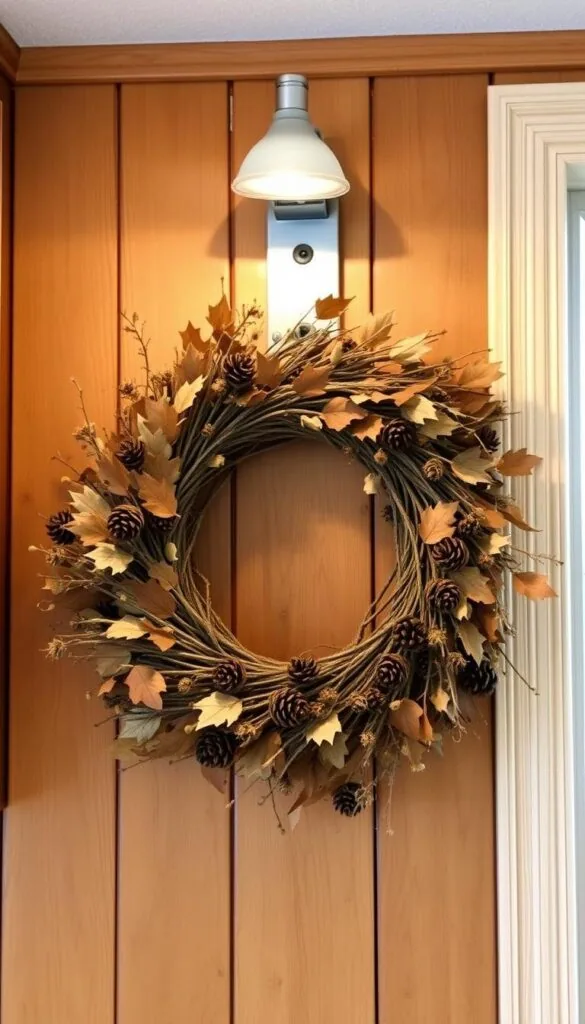 A rustic fall wreath made of natural elements hangs proudly on a warm, wooden kitchen wall. Lush foliage of dried leaves, pinecones, and twigs intertwine, creating a cozy, autumnal centerpiece. Soft, ambient lighting from a nearby window casts a gentle glow, accentuating the wreath's earthy tones. The scene evokes a sense of homemade charm and seasonal cheer, perfectly complementing the kitchen's farmhouse-inspired decor. A thoughtful, DIY touch that brings the essence of fall into the heart of the home.