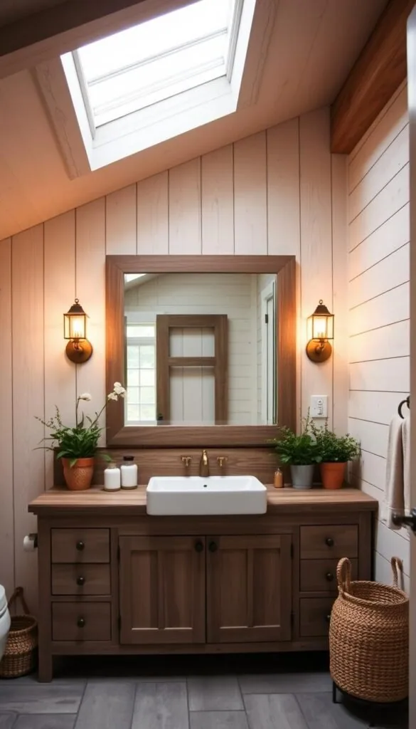 A rustic farmhouse bathroom, bathed in warm, ambient lighting. A pair of vintage-inspired sconces flank a large vanity mirror, casting a soft, golden glow across the space. The vanity itself is a weathered wood cabinet, complemented by a simple white farmhouse sink and brass fixtures. Skylights above allow natural light to stream in, highlighting the textured shiplap walls and muted tile floor. Potted plants and woven baskets add natural elements, creating a serene, inviting atmosphere. The overall effect is a harmonious blend of modern and traditional farmhouse styles, perfect for a cozy, relaxing retreat.
