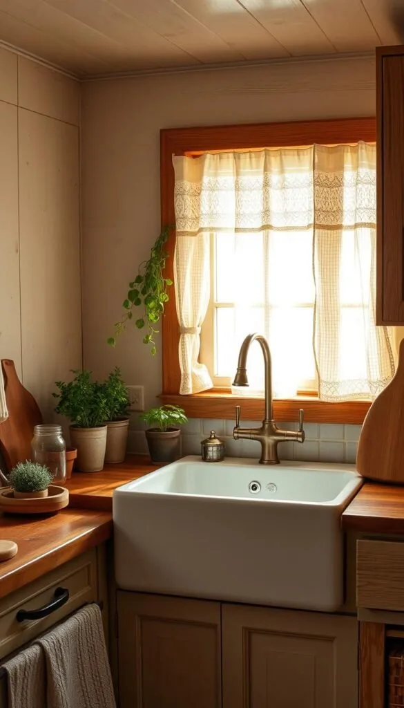 A rustic farmhouse kitchen sink nestled in a cozy, sun-dappled interior. Thick wooden countertops, weathered cabinetry, and a vintage-inspired faucet set the stage. Soft, natural lighting filters through lace curtains, casting a warm glow on the scene. The sink's deep basin and apron-front design are the focal point, surrounded by charming decor like potted herbs, mason jars, and a wooden cutting board. The overall atmosphere evokes a sense of timeless, country-chic elegance, perfectly suited for a tranquil, rural setting. A rustic farmhouse kitchen sink nestled in a cozy, sun-dappled interior. Thick wooden countertops, weathered cabinetry, and a vintage-inspired faucet set the stage. Soft, natural lighting filters through lace curtains, casting a warm glow on the scene. The sink's deep basin and apron-front design are the focal point, surrounded by charming decor like potted herbs, mason jars, and a wooden cutting board. The overall atmosphere evokes a sense of timeless, country-chic elegance, perfectly suited for a tranquil, rural setting.