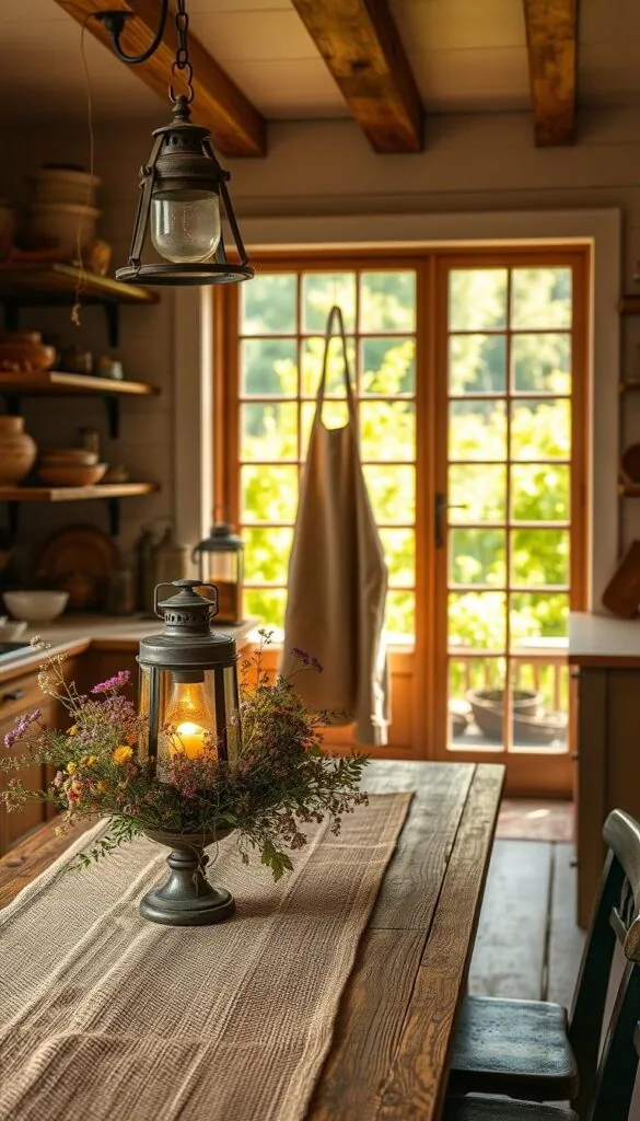 A rustic farmhouse kitchen with natural elements, bathed in warm, golden lighting. In the foreground, a wooden table adorned with a burlap runner, a bouquet of seasonal wildflowers, and a vintage lantern casting a cozy glow. On the shelves, earthenware dishes and glass jars filled with dried herbs and spices. In the middle ground, a farmhouse-style apron hangs from an antique hook, complementing the shiplap walls and exposed beams. In the background, a large window overlooking a lush, verdant garden, hinting at the abundance of nature outside. The overall scene exudes a sense of warmth, comfort, and a connection to the land.