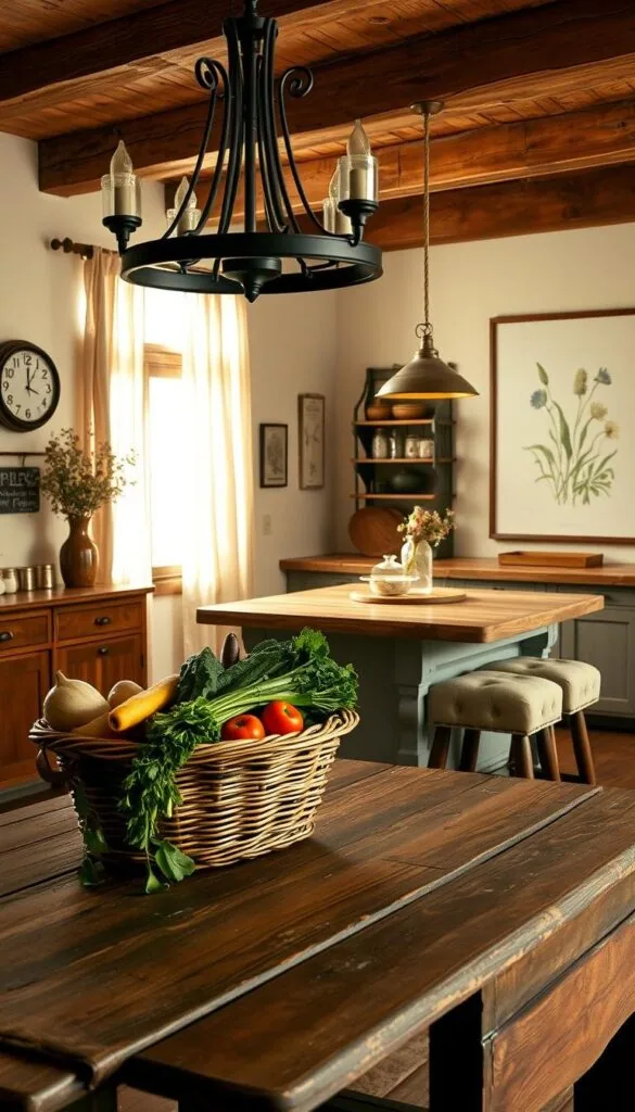 A rustic farmhouse kitchen with warm, natural lighting filtering through sheer curtains. In the foreground, a weathered wooden table is adorned with a plaid tablecloth, complemented by a woven basket overflowing with freshly harvested vegetables. Hanging from the ceiling, a wrought-iron chandelier casts a soft, ambient glow. The walls are adorned with a vintage clock, mason jars filled with dried flowers, and a large, framed botanical print. In the background, a farmhouse-style kitchen island with a butcher block top is accented by a pair of tufted, linen-upholstered stools. The overall atmosphere evokes a cozy, inviting space perfect for gathering friends and family.