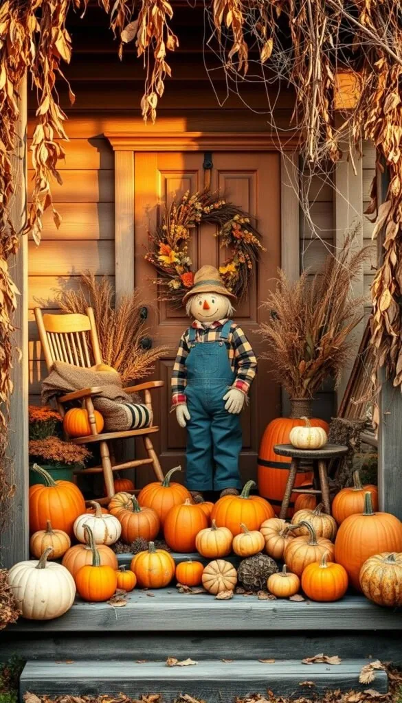 A rustic farmhouse porch, adorned with a bountiful harvest of autumnal pumpkins, gourds, and dried corn stalks. Weathered wooden planks and a vintage rocking chair set the charming scene. Cascading garlands of dried leaves and twigs frame the entryway, casting warm, golden light. A scarecrow figure, dressed in a flannel shirt and overalls, stands guard beside a wreath of twigs and dried flowers. Cobwebs delicately cling to the corners, adding a touch of whimsical Halloween spirit. The entire composition exudes a cozy, inviting atmosphere, blending the earthy tones of fall with the subtle spookiness of the season.