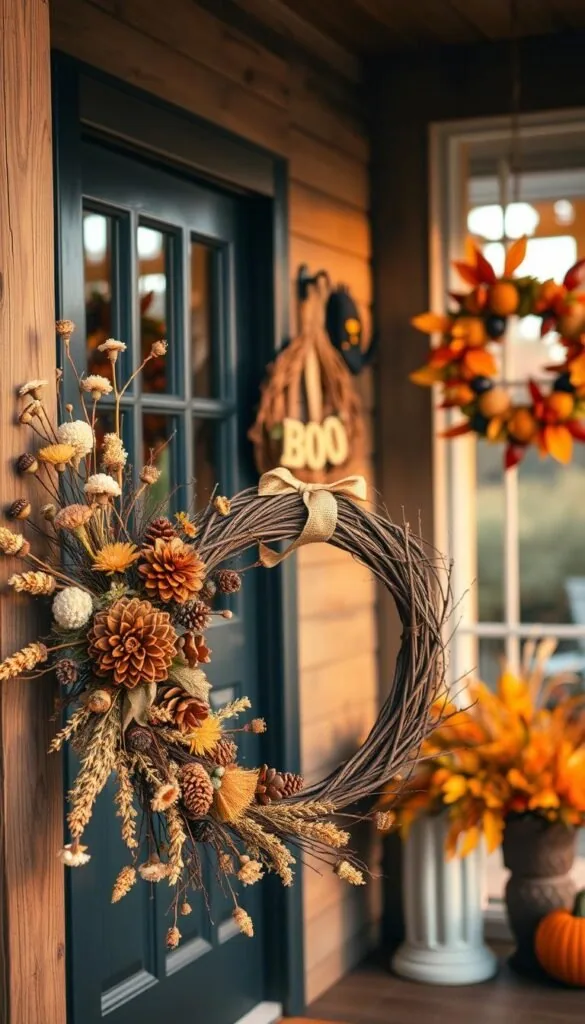 A rustic farmhouse porch, adorned with a collection of handcrafted DIY Halloween wreaths. In the foreground, a large wreath features a mix of dried flowers, pinecones, and grapevine twisted into spooky shapes. The middle ground showcases a smaller wreath with twigs, burlap bows, and a wooden "BOO" sign. In the background, another wreath hangs, decorated with autumn leaves, acorns, and a touch of orange and black. The scene is bathed in warm, golden lighting, creating a cozy, autumnal ambiance. The overall aesthetic is a perfect blend of farmhouse charm and Halloween whimsy.