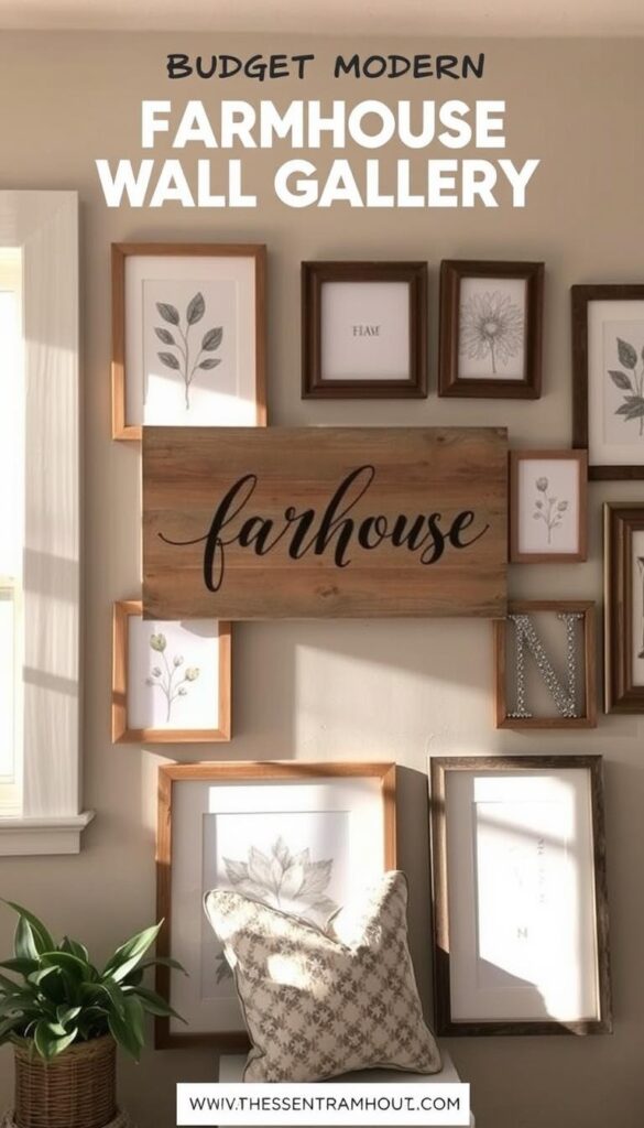 A rustic farmhouse wall gallery with a mix of neutral-toned canvas prints, wooden frames, and natural textures. The focal point is a large, distressed wood sign with elegant calligraphy-style lettering, flanked by smaller framed botanical sketches and wire mesh letter art. Soft natural lighting from a nearby window casts a warm glow, highlighting the tactile, handcrafted qualities of the pieces. The overall arrangement feels curated yet effortless, creating an inviting, budget-friendly display that complements the modern farmhouse aesthetic.