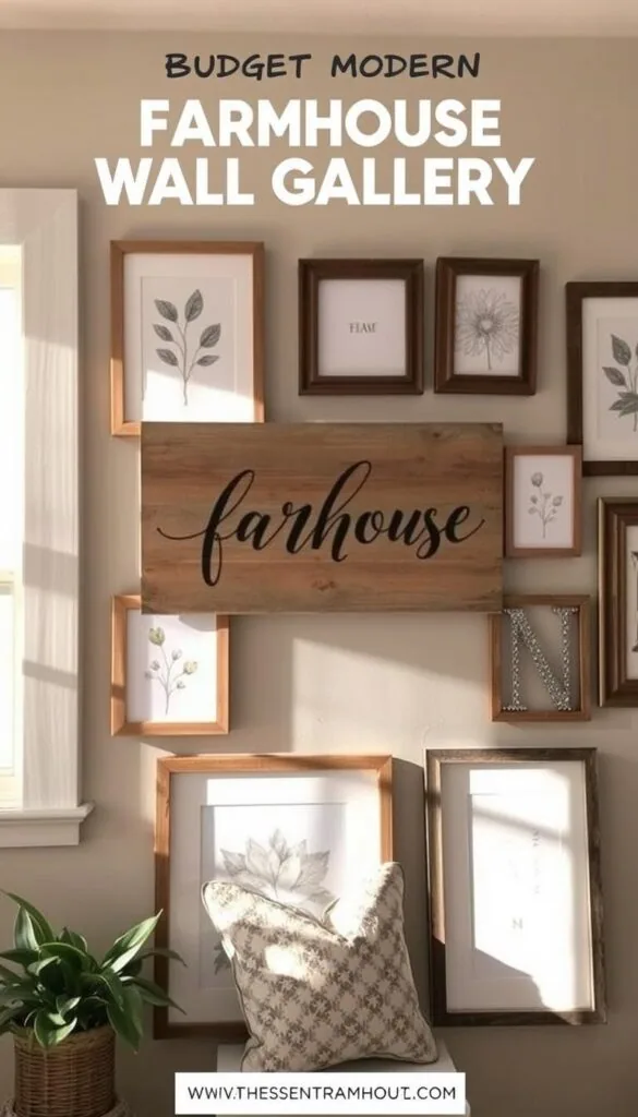 A rustic farmhouse wall gallery with a mix of neutral-toned canvas prints, wooden frames, and natural textures. The focal point is a large, distressed wood sign with elegant calligraphy-style lettering, flanked by smaller framed botanical sketches and wire mesh letter art. Soft natural lighting from a nearby window casts a warm glow, highlighting the tactile, handcrafted qualities of the pieces. The overall arrangement feels curated yet effortless, creating an inviting, budget-friendly display that complements the modern farmhouse aesthetic. A rustic farmhouse wall gallery with a mix of neutral-toned canvas prints, wooden frames, and natural textures. The focal point is a large, distressed wood sign with elegant calligraphy-style lettering, flanked by smaller framed botanical sketches and wire mesh letter art. Soft natural lighting from a nearby window casts a warm glow, highlighting the tactile, handcrafted qualities of the pieces. The overall arrangement feels curated yet effortless, creating an inviting, budget-friendly display that complements the modern farmhouse aesthetic.