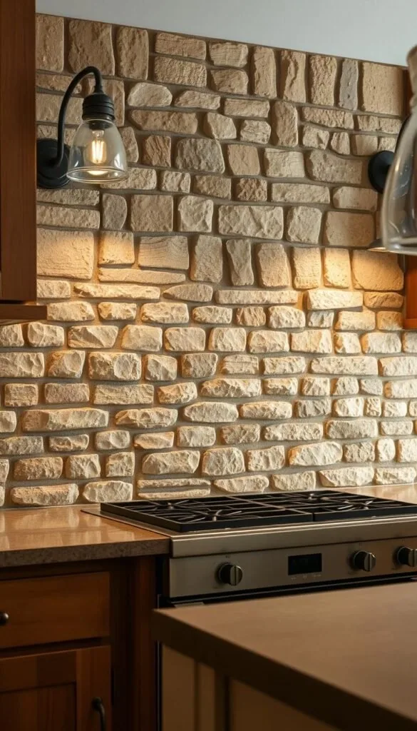 A rustic kitchen backsplash with a weathered, textured surface. The backsplash is made of rough-hewn natural stone tiles, their uneven edges and varied shades of beige, gray, and ochre creating a visually captivating, tactile appearance. Soft, diffused lighting from vintage-style sconces casts a warm glow, accentuating the backsplash's rugged charm. The scene is framed by the warm wood tones of the kitchen cabinetry and the muted, earthy colors of the countertops, creating a harmonious, cozy atmosphere. The overall effect is one of timeless, rustic elegance that complements the casual, lived-in feel of a well-used, beloved kitchen. A rustic kitchen backsplash with a weathered, textured surface. The backsplash is made of rough-hewn natural stone tiles, their uneven edges and varied shades of beige, gray, and ochre creating a visually captivating, tactile appearance. Soft, diffused lighting from vintage-style sconces casts a warm glow, accentuating the backsplash's rugged charm. The scene is framed by the warm wood tones of the kitchen cabinetry and the muted, earthy colors of the countertops, creating a harmonious, cozy atmosphere. The overall effect is one of timeless, rustic elegance that complements the casual, lived-in feel of a well-used, beloved kitchen.