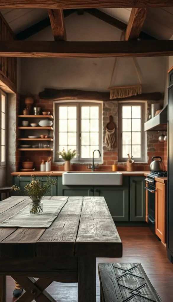 A rustic kitchen bathed in warm, earthy tones. The foreground features a weathered wooden table with a sturdy, hand-crafted feel, adorned with a simple linen runner and a small vase of wildflowers. In the middle ground, the cabinets and shelves are made of natural materials like reclaimed wood and distressed metal, with a muted color palette of sage, terracotta, and ochre. The backsplash is a textured, terracotta tile that adds depth and character. Soft, diffused lighting filters in through large windows, casting a cozy, inviting glow over the space. The background showcases exposed beams, natural stone walls, and a subtle, nature-inspired wall hanging, creating a harmonious, rustic-chic atmosphere. A rustic kitchen bathed in warm, earthy tones. The foreground features a weathered wooden table with a sturdy, hand-crafted feel, adorned with a simple linen runner and a small vase of wildflowers. In the middle ground, the cabinets and shelves are made of natural materials like reclaimed wood and distressed metal, with a muted color palette of sage, terracotta, and ochre. The backsplash is a textured, terracotta tile that adds depth and character. Soft, diffused lighting filters in through large windows, casting a cozy, inviting glow over the space. The background showcases exposed beams, natural stone walls, and a subtle, nature-inspired wall hanging, creating a harmonious, rustic-chic atmosphere.