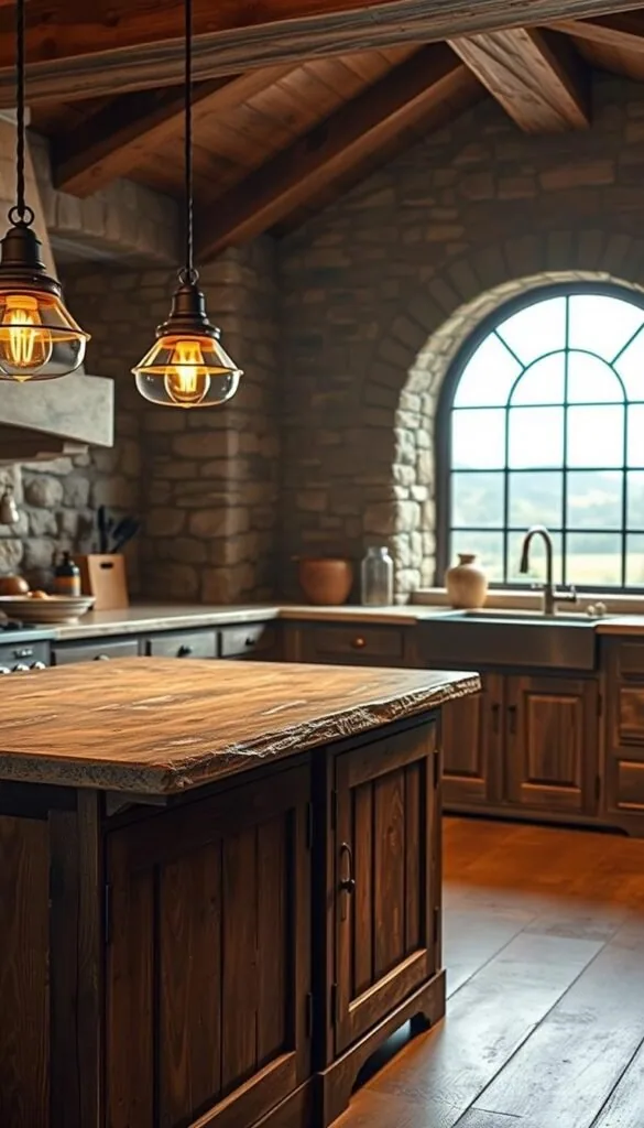 A rustic kitchen with natural stone elements, bathed in warm, diffused lighting. The foreground features a sturdy wooden kitchen island with a weathered stone countertop, complemented by vintage-inspired pendant lights. In the middle ground, stone-clad walls lend an organic, textural backdrop, while the background showcases a large, arched window framing a picturesque outdoor view. The overall atmosphere is one of cozy, earthy elegance, inviting the viewer to imagine preparing a delightful meal in this charming, well-appointed space.