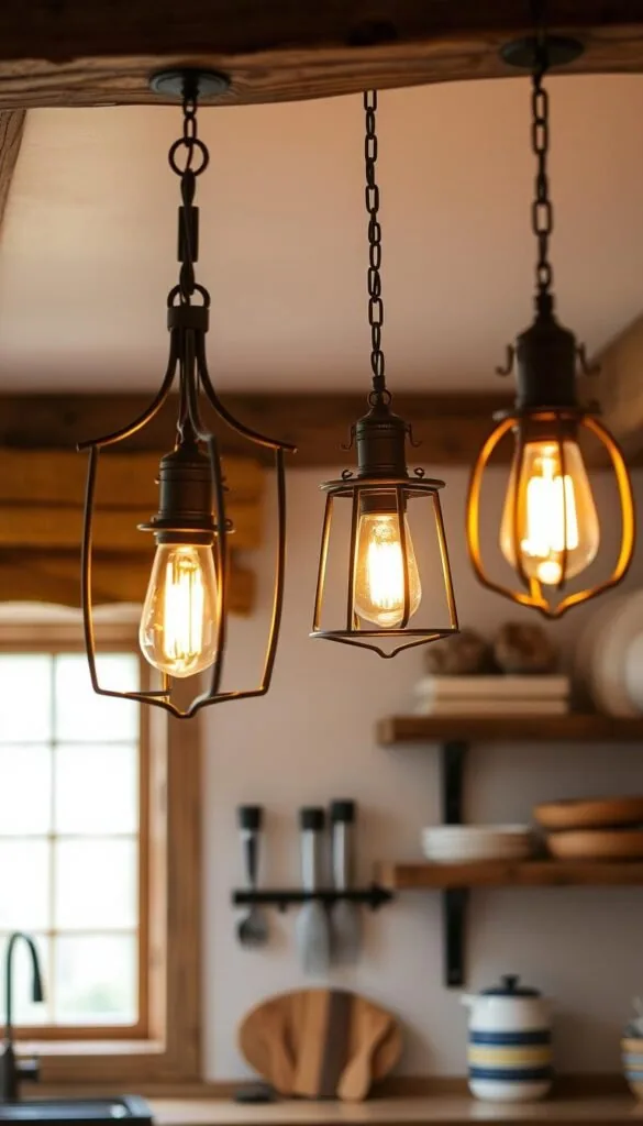 A rustic kitchen with warm, inviting lighting fixtures made of wrought iron and weathered wood. The fixtures are positioned above a wooden kitchen counter, casting a soft, ambient glow throughout the space. The lighting elements feature intricate ironwork designs, complemented by natural wood accents that create a cozy, farmhouse-inspired aesthetic. The fixtures are positioned at various heights, adding depth and visual interest to the scene. The lighting is not too bright, but just enough to illuminate the rustic, charming details of the kitchen. The overall mood is one of relaxation and comfort, perfect for a cozy, countryside-inspired cooking space. A rustic kitchen with warm, inviting lighting fixtures made of wrought iron and weathered wood. The fixtures are positioned above a wooden kitchen counter, casting a soft, ambient glow throughout the space. The lighting elements feature intricate ironwork designs, complemented by natural wood accents that create a cozy, farmhouse-inspired aesthetic. The fixtures are positioned at various heights, adding depth and visual interest to the scene. The lighting is not too bright, but just enough to illuminate the rustic, charming details of the kitchen. The overall mood is one of relaxation and comfort, perfect for a cozy, countryside-inspired cooking space.