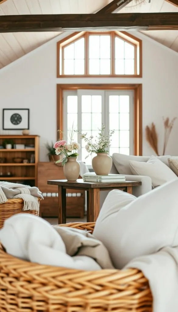 A rustic modern farmhouse living room adorned with a mix of natural textures and minimalist decor. In the foreground, a woven basket overflows with cozy throw blankets and plush pillows. In the middle ground, a wooden side table displays a ceramic vase of fresh florals and a stack of weathered books. The background features a large window that floods the space with warm, natural light, casting a soft, inviting glow. Wooden beams and whitewashed walls create a serene, yet charming atmosphere. Subtle metallic accents and a neutral color palette tie the room's aesthetic together seamlessly.