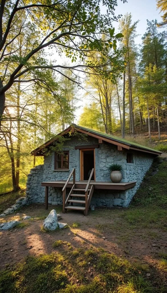 A rustic stone foundation cabin nestled in a lush Scandinavian landscape. The sturdy stone base seamlessly blends with the natural terrain, creating a harmonious connection between the built structure and its surrounding environment. Warm, diffused sunlight filters through the canopy of verdant trees, casting soft shadows and highlighting the textural details of the weathered stone. A wooden deck extends from the cabin's entrance, inviting one to step outside and embrace the tranquil, serene atmosphere. The overall composition emphasizes the cabin's integration with the rugged, yet serene, natural setting, showcasing a design that respects and enhances the inherent beauty of the landscape.