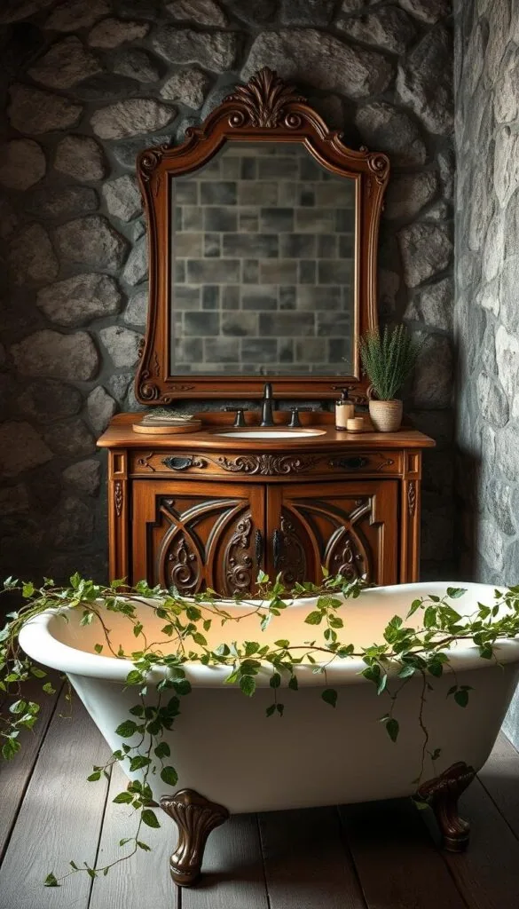 A rustic winter bathroom, with a claw-foot tub positioned in the foreground, adorned with lush, verdant greenery cascading over the edges. The tub is illuminated by soft, warm lighting, casting a cozy glow. In the middle ground, a wooden vanity unit with intricate carved details, topped with a striking, oversized mirror. The background features a stone wall, textured and weathered, adding depth and character to the scene. Subtle, muted tones of grey, green, and natural wood create a harmonious, nature-inspired atmosphere, inviting the viewer to imagine a serene, rejuvenating experience.
