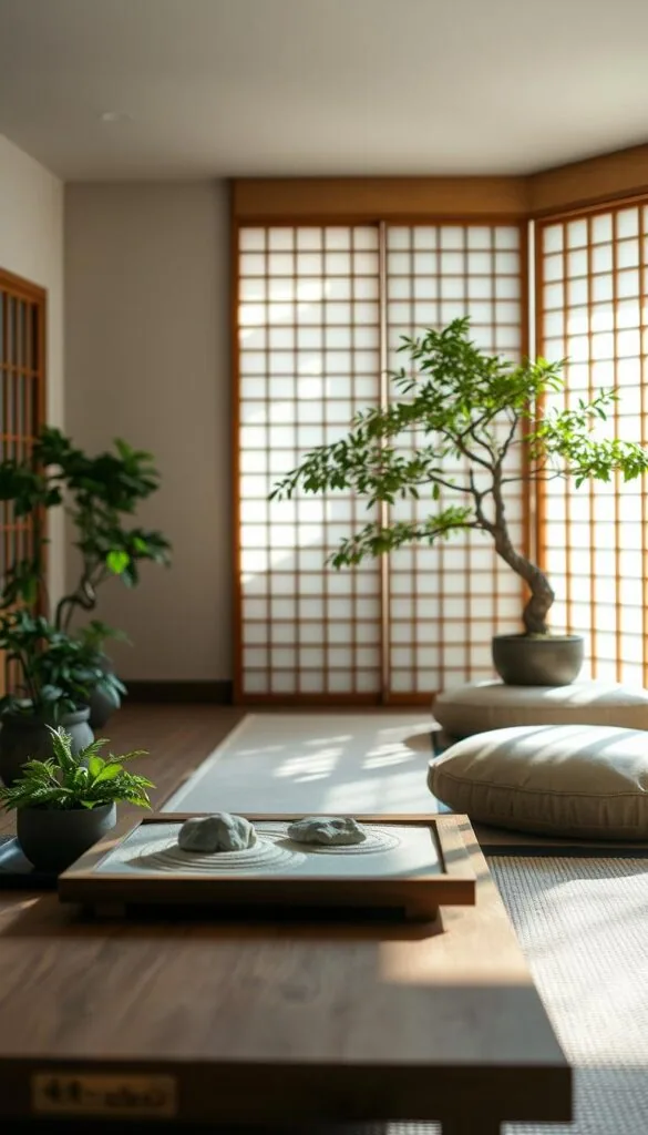 A serene Asian-inspired living room, illuminated by soft natural light filtering through delicate rice paper screens. In the foreground, a low, minimalist wooden coffee table is adorned with a zen garden of carefully raked sand and stone. Lush, verdant potted plants and a graceful bonsai tree lend a sense of tranquility. The middle ground features a plush, oversized floor cushion and a traditional tatami mat, inviting one to sit and meditate. The background showcases a handcrafted shoji screen, its intricate lattice casting delicate shadows across the space. The overall atmosphere evokes a harmonious balance of nature, simplicity, and contemplative stillness. A serene Asian-inspired living room, illuminated by soft natural light filtering through delicate rice paper screens. In the foreground, a low, minimalist wooden coffee table is adorned with a zen garden of carefully raked sand and stone. Lush, verdant potted plants and a graceful bonsai tree lend a sense of tranquility. The middle ground features a plush, oversized floor cushion and a traditional tatami mat, inviting one to sit and meditate. The background showcases a handcrafted shoji screen, its intricate lattice casting delicate shadows across the space. The overall atmosphere evokes a harmonious balance of nature, simplicity, and contemplative stillness.