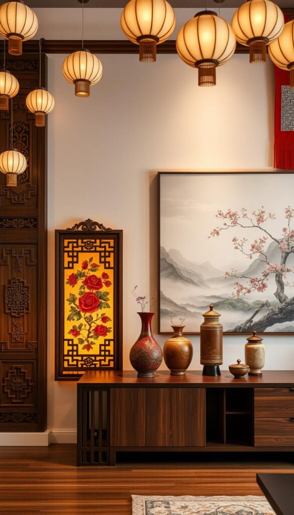 A serene Asian-inspired wall decor scene with delicate paper lanterns, intricate wood carvings, and vibrant silk wall hangings. The foreground features an ornate wooden triptych panel with intricate floral and geometric motifs, backlit by warm ambient lighting. In the middle ground, a collection of lacquered bamboo vases and ceramic incense burners sit atop a sleek wooden console table. The background showcases a lush, minimalist landscape painting with soft, muted colors and a sense of tranquility. The overall atmosphere evokes a harmonious blend of traditional Asian aesthetics and modern, zen-inspired design. A serene Asian-inspired wall decor scene with delicate paper lanterns, intricate wood carvings, and vibrant silk wall hangings. The foreground features an ornate wooden triptych panel with intricate floral and geometric motifs, backlit by warm ambient lighting. In the middle ground, a collection of lacquered bamboo vases and ceramic incense burners sit atop a sleek wooden console table. The background showcases a lush, minimalist landscape painting with soft, muted colors and a sense of tranquility. The overall atmosphere evokes a harmonious blend of traditional Asian aesthetics and modern, zen-inspired design.