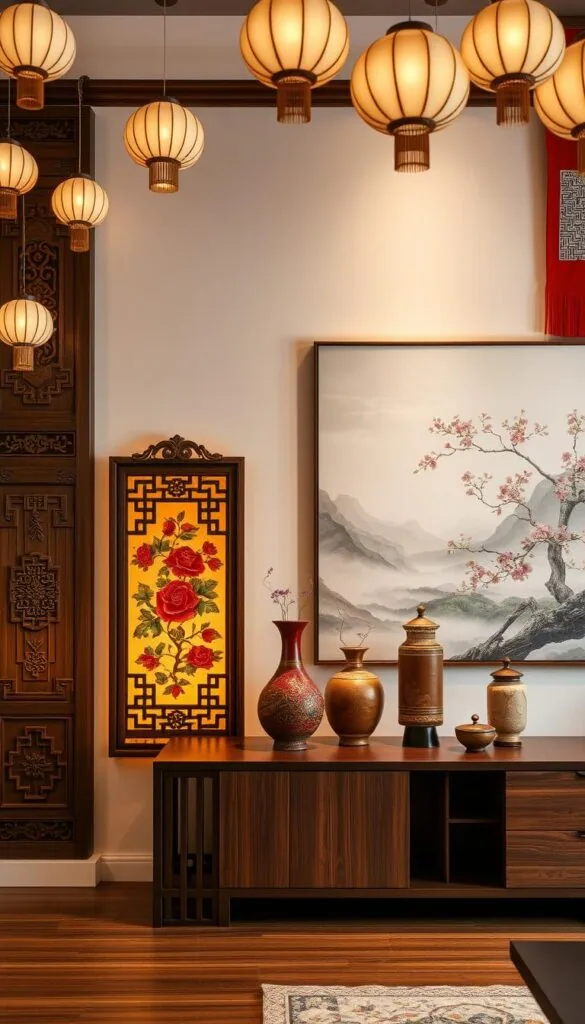 A serene Asian-inspired wall decor scene with delicate paper lanterns, intricate wood carvings, and vibrant silk wall hangings. The foreground features an ornate wooden triptych panel with intricate floral and geometric motifs, backlit by warm ambient lighting. In the middle ground, a collection of lacquered bamboo vases and ceramic incense burners sit atop a sleek wooden console table. The background showcases a lush, minimalist landscape painting with soft, muted colors and a sense of tranquility. The overall atmosphere evokes a harmonious blend of traditional Asian aesthetics and modern, zen-inspired design. A serene Asian-inspired wall decor scene with delicate paper lanterns, intricate wood carvings, and vibrant silk wall hangings. The foreground features an ornate wooden triptych panel with intricate floral and geometric motifs, backlit by warm ambient lighting. In the middle ground, a collection of lacquered bamboo vases and ceramic incense burners sit atop a sleek wooden console table. The background showcases a lush, minimalist landscape painting with soft, muted colors and a sense of tranquility. The overall atmosphere evokes a harmonious blend of traditional Asian aesthetics and modern, zen-inspired design.