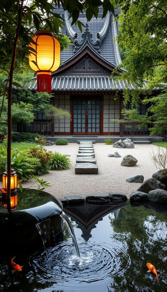 A serene Japanese garden with a tranquil koi pond, surrounded by lush foliage and traditional wooden architecture. In the foreground, a delicate bamboo water feature cascades gently, reflecting the warm glow of a paper lantern. The middle ground features a minimalist stone pathway leading to a zen sand garden, dotted with carefully placed rocks and raked patterns. In the background, a pagoda-style roof with intricate carved details overlooks the scene, creating a harmonious blend of nature and traditional Asian design elements. The lighting is soft and diffused, evoking a calming, meditative atmosphere.