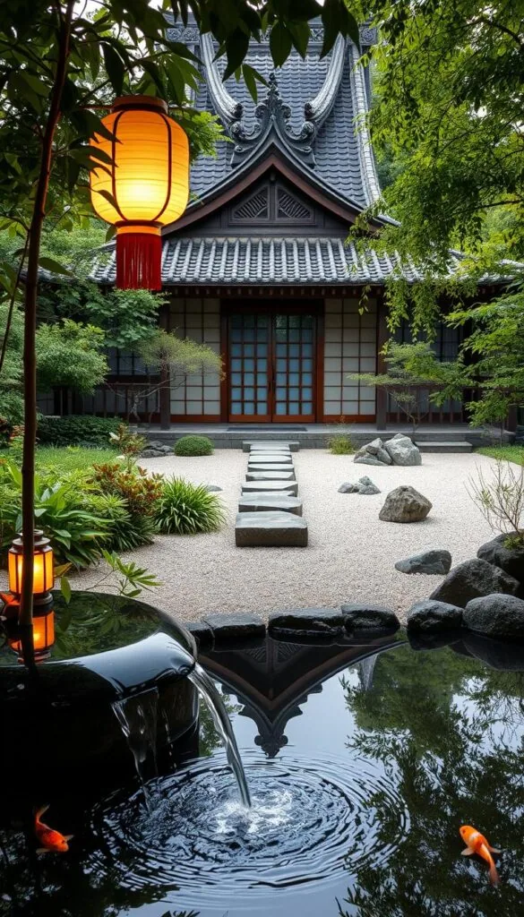 A serene Japanese garden with a tranquil koi pond, surrounded by lush foliage and traditional wooden architecture. In the foreground, a delicate bamboo water feature cascades gently, reflecting the warm glow of a paper lantern. The middle ground features a minimalist stone pathway leading to a zen sand garden, dotted with carefully placed rocks and raked patterns. In the background, a pagoda-style roof with intricate carved details overlooks the scene, creating a harmonious blend of nature and traditional Asian design elements. The lighting is soft and diffused, evoking a calming, meditative atmosphere.