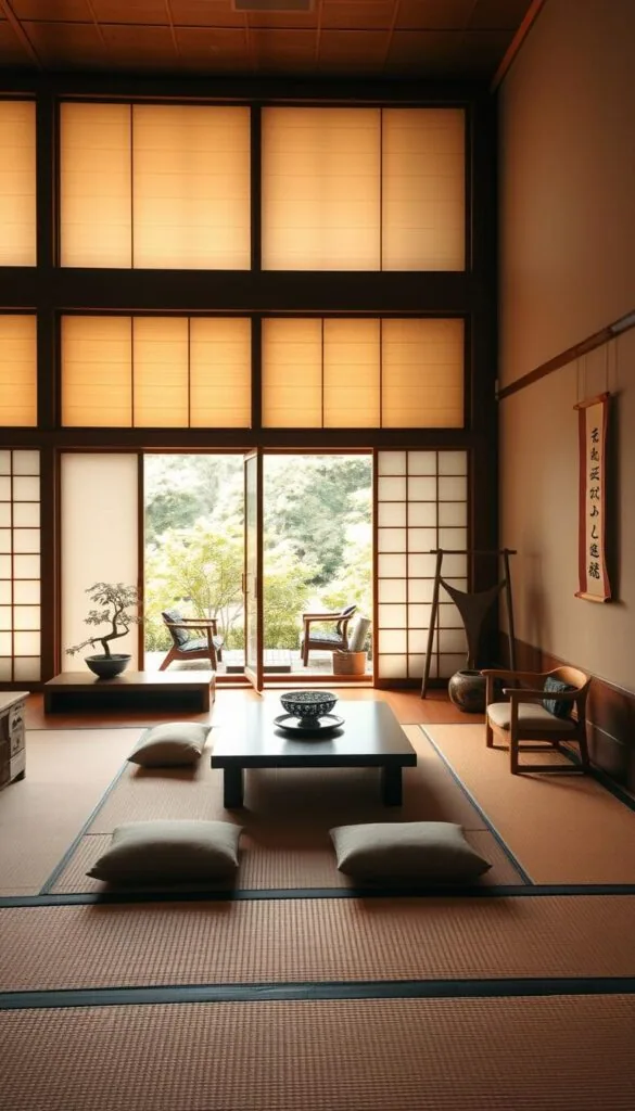 A serene Japanese-inspired living room with shoji screens gently diffusing the warm, natural light. Soft tatami mats cover the floor, surrounding a low-profile coffee table and plush floor cushions. Elegant wood furnishings, including a minimalist sofa and armchair, create a zen-like ambiance. Hanging scrolls and a bonsai plant add traditional Japanese accents. The shoji screens frame the view, revealing a lush garden landscape outside. The space emanates a harmonious, meditative atmosphere, perfectly capturing the essence of Japanese home design. A serene Japanese-inspired living room with shoji screens gently diffusing the warm, natural light. Soft tatami mats cover the floor, surrounding a low-profile coffee table and plush floor cushions. Elegant wood furnishings, including a minimalist sofa and armchair, create a zen-like ambiance. Hanging scrolls and a bonsai plant add traditional Japanese accents. The shoji screens frame the view, revealing a lush garden landscape outside. The space emanates a harmonious, meditative atmosphere, perfectly capturing the essence of Japanese home design.