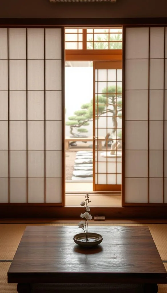 A serene Japanese interior with natural materials and minimalist design. In the foreground, a low wooden table with a simple flower arrangement. Behind it, a sliding shoji screen panel letting in soft, diffused daylight. In the middle ground, a tatami mat floor and a wooden chest or cabinet. In the background, a view of a zen garden through an open paper screen door, with carefully pruned bonsai trees and a stone path. The overall atmosphere is one of tranquility, balance, and refined elegance, highlighting the essential elements of Japanese home decor. A serene Japanese interior with natural materials and minimalist design. In the foreground, a low wooden table with a simple flower arrangement. Behind it, a sliding shoji screen panel letting in soft, diffused daylight. In the middle ground, a tatami mat floor and a wooden chest or cabinet. In the background, a view of a zen garden through an open paper screen door, with carefully pruned bonsai trees and a stone path. The overall atmosphere is one of tranquility, balance, and refined elegance, highlighting the essential elements of Japanese home decor.