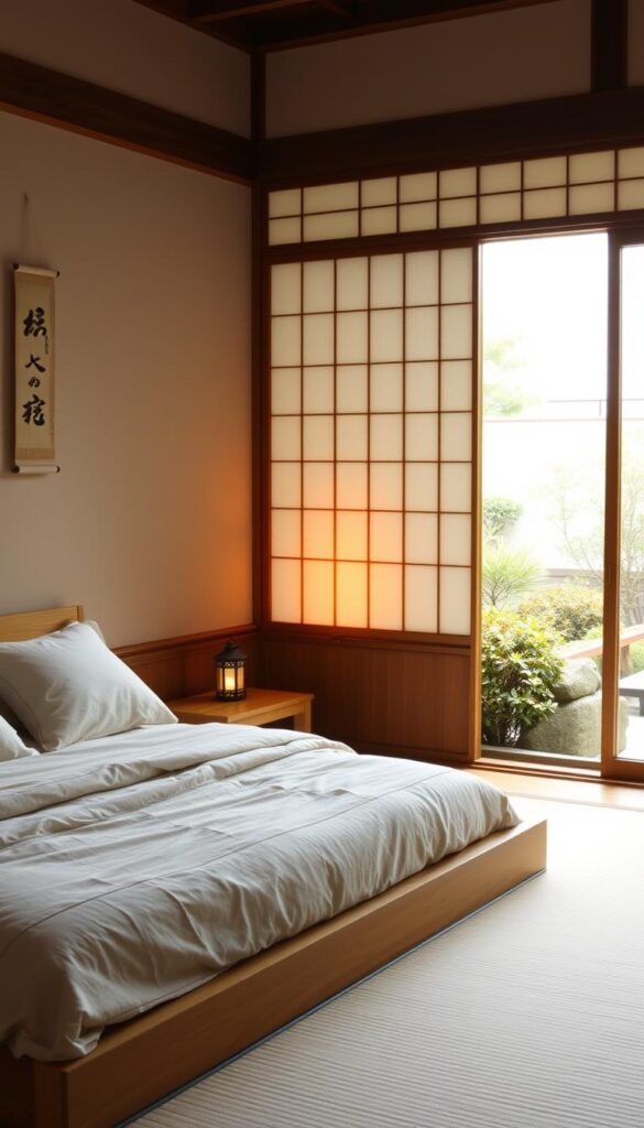 A serene Japanese-style bedroom with a minimalist, zen-inspired design. In the foreground, a low wooden platform bed adorned with a soft, linen comforter and plush pillows. Beside it, a simple nightstand holds a traditional lantern, casting a warm, ambient glow. The middle ground features a delicate shoji screen, allowing natural light to filter in from the background, where a Japanese garden can be glimpsed through the panel's translucent paper. The room is finished with a few carefully curated decor elements, such as a hanging scroll painting and a small, ceramic vase. The overall atmosphere is one of tranquility, harmony, and a connection to nature.