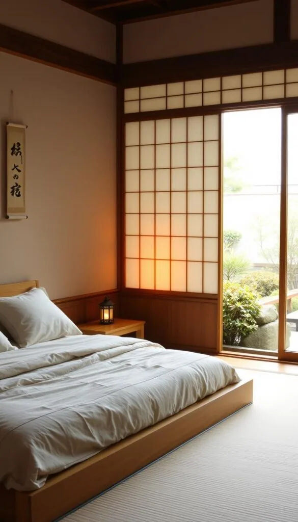 A serene Japanese-style bedroom with a minimalist, zen-inspired design. In the foreground, a low wooden platform bed adorned with a soft, linen comforter and plush pillows. Beside it, a simple nightstand holds a traditional lantern, casting a warm, ambient glow. The middle ground features a delicate shoji screen, allowing natural light to filter in from the background, where a Japanese garden can be glimpsed through the panel's translucent paper. The room is finished with a few carefully curated decor elements, such as a hanging scroll painting and a small, ceramic vase. The overall atmosphere is one of tranquility, harmony, and a connection to nature. A serene Japanese-style bedroom with a minimalist, zen-inspired design. In the foreground, a low wooden platform bed adorned with a soft, linen comforter and plush pillows. Beside it, a simple nightstand holds a traditional lantern, casting a warm, ambient glow. The middle ground features a delicate shoji screen, allowing natural light to filter in from the background, where a Japanese garden can be glimpsed through the panel's translucent paper. The room is finished with a few carefully curated decor elements, such as a hanging scroll painting and a small, ceramic vase. The overall atmosphere is one of tranquility, harmony, and a connection to nature.