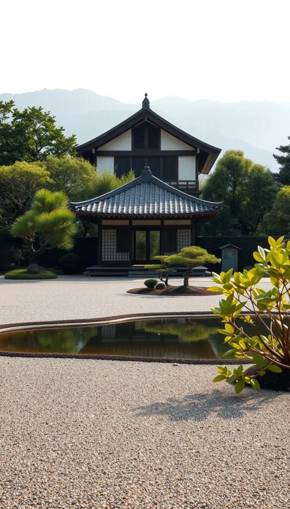 A serene Japanese zen garden in the foreground, with carefully raked gravel and a tranquil pond reflecting the sky. In the middle ground, a traditional Japanese pavilion with elegant sloping roof and latticed windows, surrounded by lush greenery. The background features a distant mountain range, bathed in soft, diffused light. The overall composition conveys a sense of harmony, balance, and minimalist beauty, capturing the essence of Japanese design philosophy. A serene Japanese zen garden in the foreground, with carefully raked gravel and a tranquil pond reflecting the sky. In the middle ground, a traditional Japanese pavilion with elegant sloping roof and latticed windows, surrounded by lush greenery. The background features a distant mountain range, bathed in soft, diffused light. The overall composition conveys a sense of harmony, balance, and minimalist beauty, capturing the essence of Japanese design philosophy.